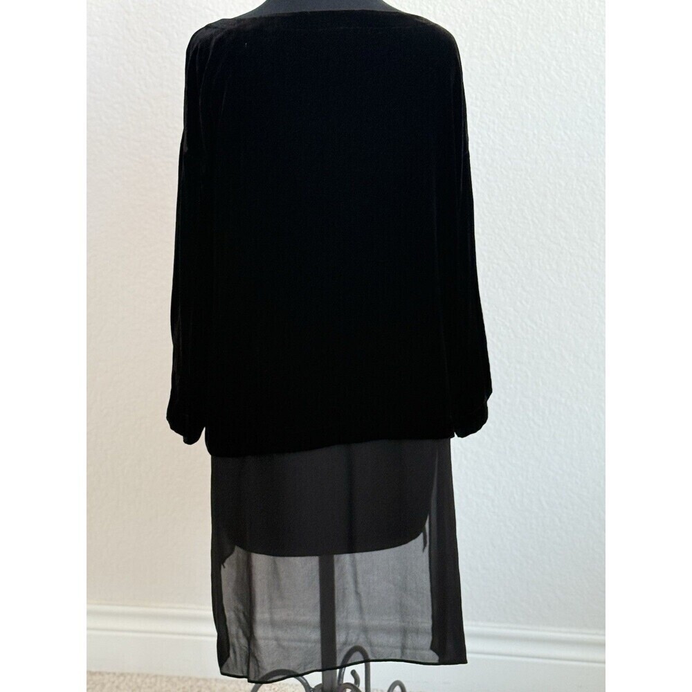 Eileen Fisher Bateau Neck Velvet BLACK Tunic Top Sheer Silk Hem Women’s S/P - Picture 3 of 8